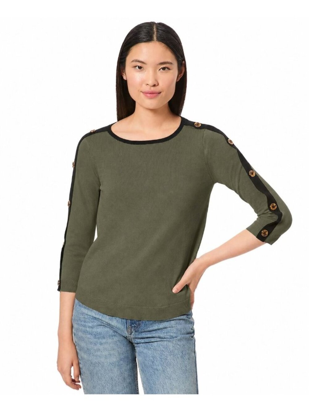 NWT Melissa Paige Women's Button-Sleeve Crew Neck Sweater Size L Green Office
